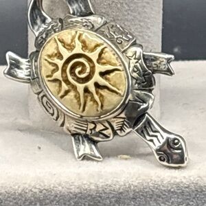 Signed Shube’s Sterling Silver Turtle Pendant Brooch Pin w/Pictographs.